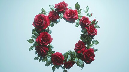 Red roses flowers bouquet on white background. Flat lay, top view floral holiday celebration composition. Wedding, Valentine's Day, Mothers Day.