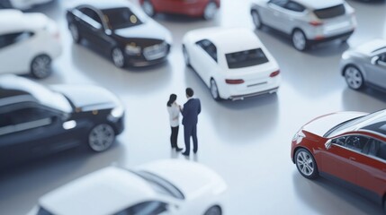 Vehicle upgrade trade-in process. Featuring a dealer helping a customer assess their vehicle options