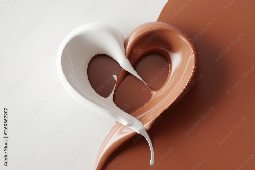 Poster swirling milk and chocolate create a heart shape, a delightful visual of creamy textures and contras