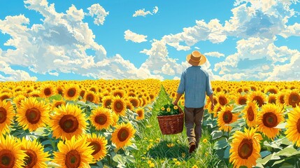 Blissful Farmer Strolling Through Sunflower Field with Basket of Organic Produce on Sunny Day - 2D Flat Illustration