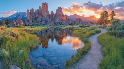 Fototapeta premium Sunset reflecting on a tranquil lake with towering rock formations and a winding path.
