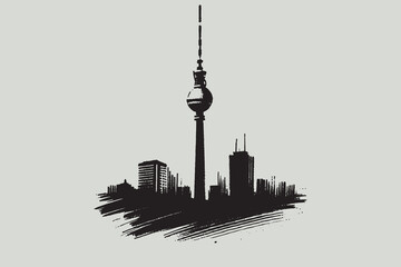 Minimalistic brush style illustration of Berlin's Fernsehturm in black and white