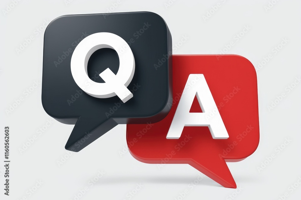 Poster 3D rendered image of Q&A chat bubbles, representing questions and answers.