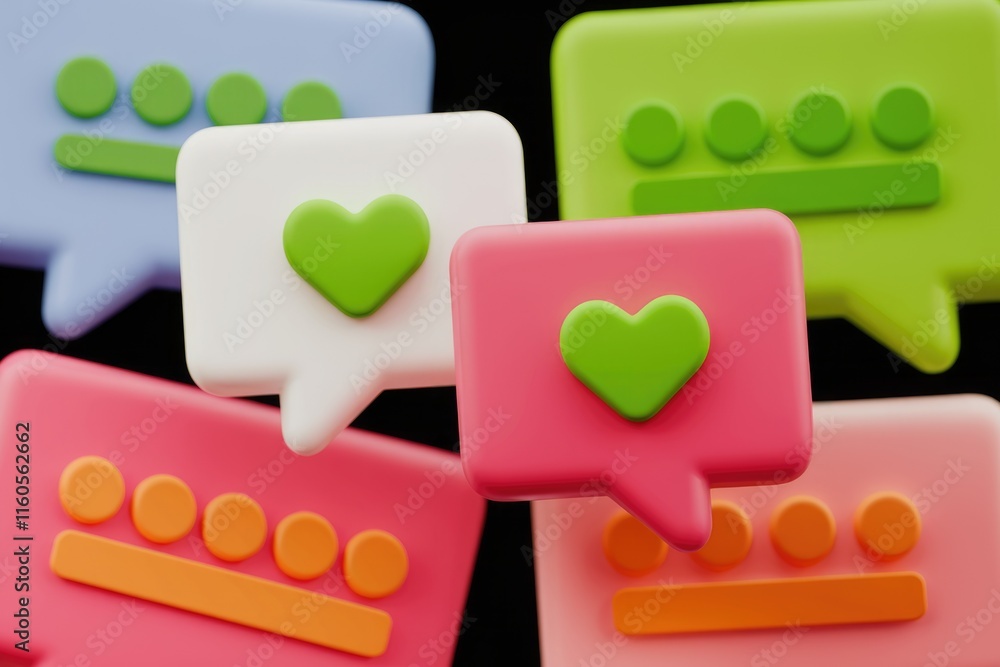 Poster colorful 3d speech bubbles with hearts and dots, representing social media interactions and likes.
