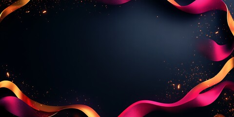Fototapeta premium Abstract dark background with pink and gold ribbons and sparkles.