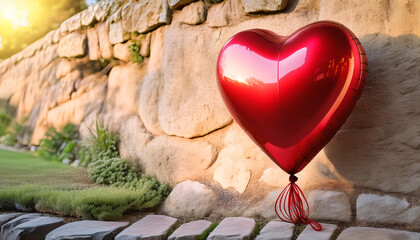 Fototapeta premium A vibrant red heart balloon gently sways against an old stone wall, secured with twine. This charming display captures the essence of love and romance during the cheerful springtime of February
