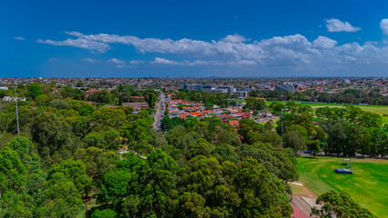 Panorama aerial drone view of western Sydney Suburbs of Canterbury Burwood Ashfield Marrickville...