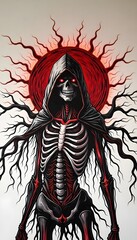 Intricate Tattoo Design of a Dark Bony Monster Woman with Tree-Root Veins, a Single Glowing Red Drop, and a Flaming Red Sun, Isolated on a White Background