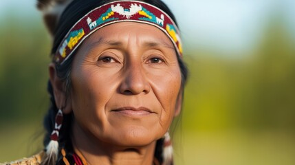 Portrait of Indigenous Two Spirit Person in Traditional Attire with Beaded Headband and Feather, Emphasizing Cultural Heritage and Diversity in Vibrant Outdoor Natural Setting, Authentic Connection