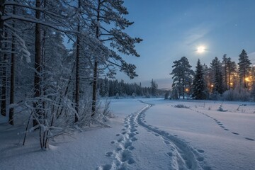 Moonlit Snowy Forest: Tranquil Winter Wonderland with Animal Tracks and Distant Civilization Lights, 8K
