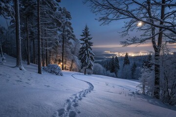 Moonlit Serenity: A Snowy Forest Wonderland with Animal Tracks and Distant Lights, Captured in 8K