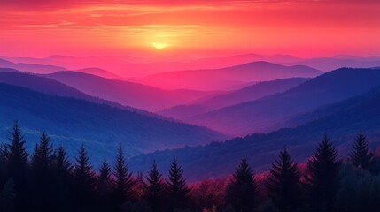 Obraz premium A vibrant sunset over rolling mountains, creating a serene and picturesque landscape.