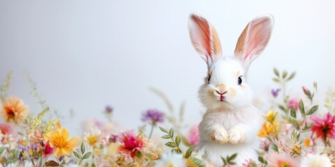 Obraz premium A cute bunny peeking out of a soft bed of pastel-colored flowers, symbolizing spring, innocence, and joy in a delicate and cheerful setting.