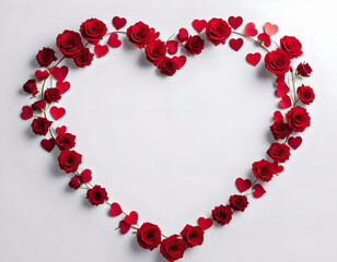 Obraz premium Creative layout adorned by red rose flowers in heart shape and paper heart isolated on white background. Top view, flat lay concept