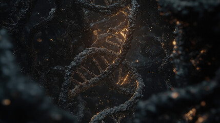Close-up of intricate double helix structures representing ancient DNA molecules, highlighting the complexity and historical significance of genetic material, with copy space for text or design.