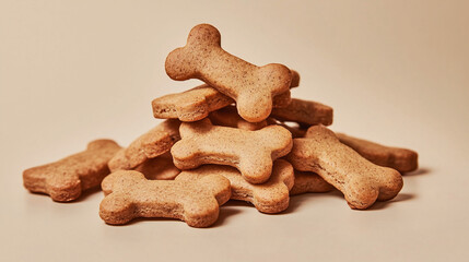 Fototapeta premium Dog-shaped biscuits stacked on a light background for pet treat concept