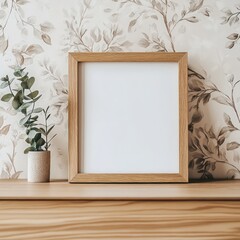 A close-up photo of an empty wooden picture frame on top of a light wood dresser, a small plant beside the frame, a neutral wallpaper background