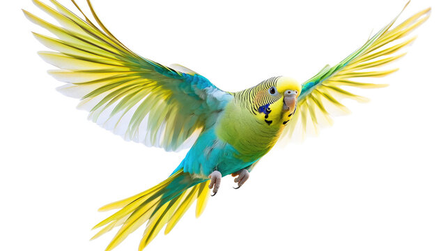 Parakeet in Flight: A vibrant green and yellow parakeet soars through the air with its wings fully extended, showcasing the beauty and freedom of flight.