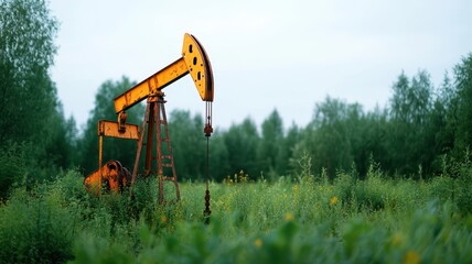 A derelict oil well surrounded by overgrown vegetation, a stark reminder of nature reclaiming industry.
