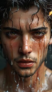 A two-faced beautiful man crying in sorrow with a burning face, mental health awareness, the face of creation and destruction, light and darkness, anxiety, sadness, fighting, depression, burnout