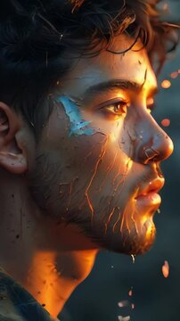 A two-faced beautiful man crying in sorrow with a burning face, mental health awareness, the face of creation and destruction, light and darkness, anxiety, sadness, fighting, depression, burnout