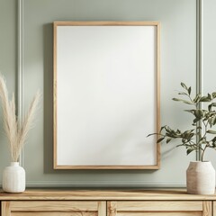 A framed blank white poster in a wood frame hangs on an empty wall in a home library with a modern farmhouse style interior design.