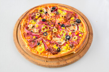 Traditional Turkish cuisine. Pizza, pita, pidesi, sucuk, hummus, kebab. Many dishes on the table. Serving dishes in restaurant. Margherita,  mix, formaggi, veggie karisik pizza. Top view, flat lay