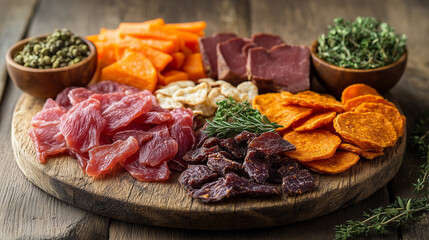 Assorted dried meats and vegetables on a wooden platter, appetizing display, gourmet snack, copy space