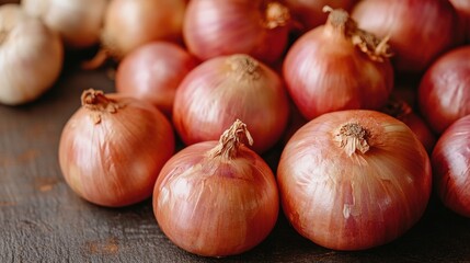 Close-up shot of several ripe red onions. Perfect for recipes, cooking blogs, or healthy food websites.
