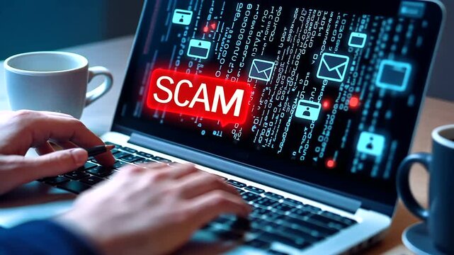 Critical Scam Alert on Laptop Screen with IT Consultant