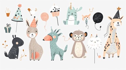 Hand Drawn Birthday Party Animal Illustrations: Colorful Vector Set