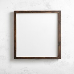 a mock up for an empty paint with an aspect ratio of 11:14, with thick dark brown wooden borders, in a minimalist white wall