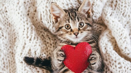 Cute Kitten with Red Heart-Shaped Object on Knitted Blanket, Perfect for Valentine's Day or Birthday Card, Adorable Pet Celebration Concept