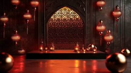 Fototapeta premium 3D Islamic decoration, Iftar, Eid, lanterns, cannonballs, text space and podium with red gold style.