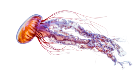 Crimson Tide Jellyfish: A mesmerizing close-up of a vibrant jellyfish, its bell glowing with an ethereal, reddish-orange hue, and long, flowing tentacles trailing behind.