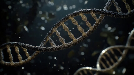 Close-up of intricate double helix structures representing ancient DNA molecules, highlighting the complexity and historical significance of genetic material, with copy space for text or design.
