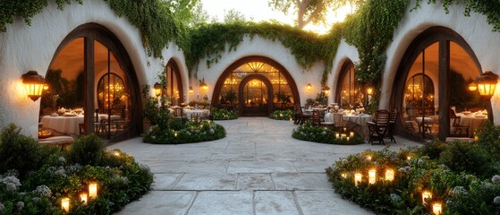 Obraz premium Romantic Courtyard Dinner Candles Stone Patio Outdoor Dining White Walls Lush Greenery Archways