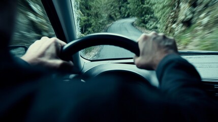 Car experiencing steering issues on a winding road. Featuring an anxious driver