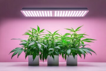 Fototapeta premium Rows of cannabis plants thriving under bright sunlight in a lush green field.