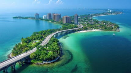 Aerial view of a coastal area with a winding road and modern buildings alongside clear waters.