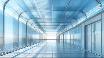 The minimalist architecture of this hallway, with glass walls and a soft blue ceiling, creates a bright, open atmosphere full of light and space.