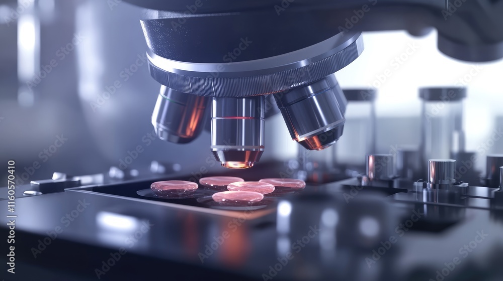Poster 3D render of human or stem cell under a microscope, illustrating intricate biological processes in a research lab focusing on cell development.
