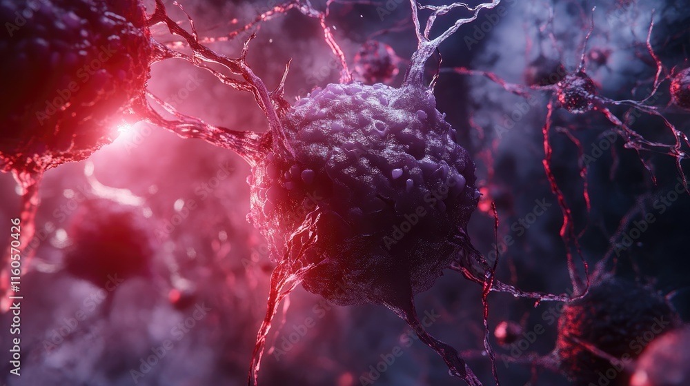 Poster 3d render of human or stem cell under a microscope, illustrating intricate biological processes in a