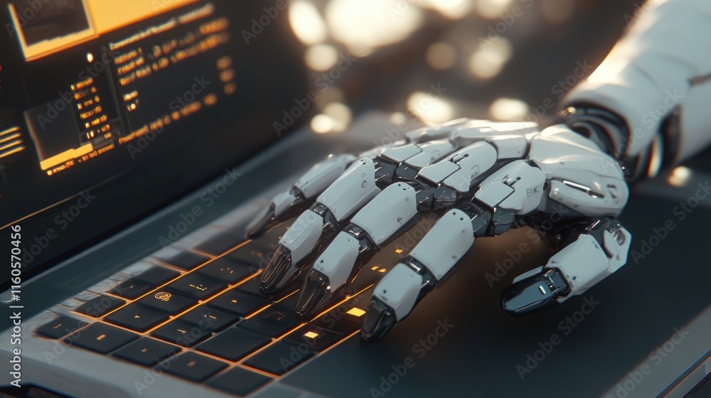 Poster 3d rendered robotic hand typing on a laptop, highlighting automation and the future of digital techn