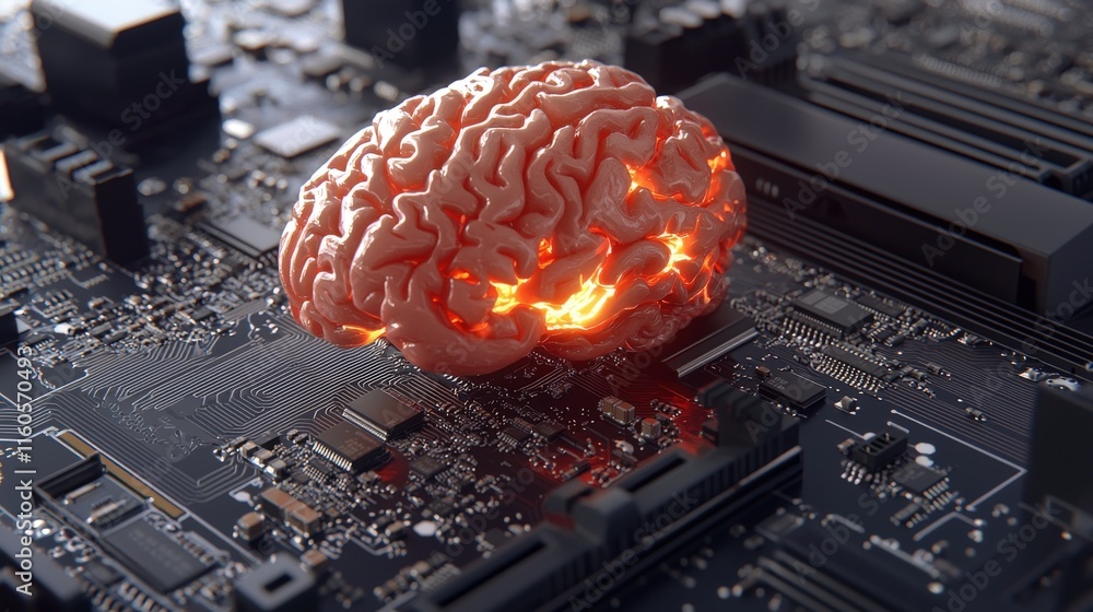 Poster innovative technology integration brain simulation on circuit board digital art futuristic design cl