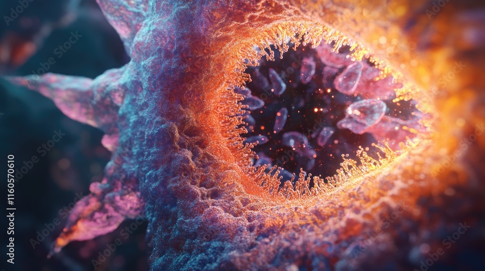 Poster 3d rendering of a human cell or embryonic stem cell viewed under a microscope, showcasing intricate 