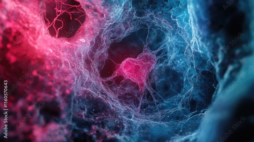 Poster 3D rendering of a human cell or embryonic stem cell viewed under a microscope, showcasing intricate biological processes and scientific research in cell biology.