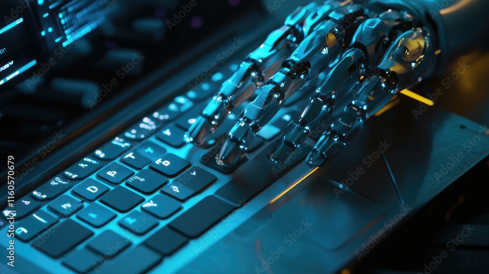 Aufkleber 3D rendering of a robotic hand pressing keys on a laptop, symbolizing the integration of robotics and digital technology.