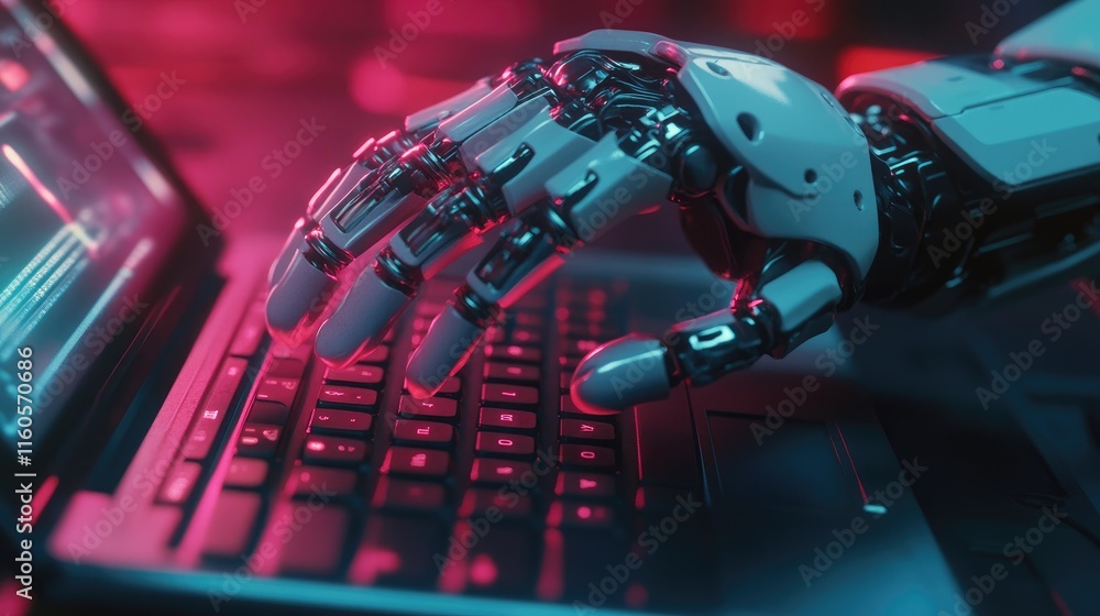 Poster 3D rendering of a robotic hand pressing keys on a laptop, symbolizing the integration of robotics and digital technology.