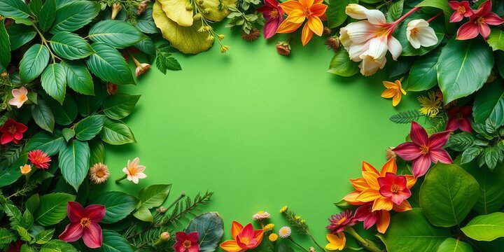 A beautiful arrangement of various tropical green leaves creating a vibrant and refreshing spring-inspired layout, foliage, green leaves